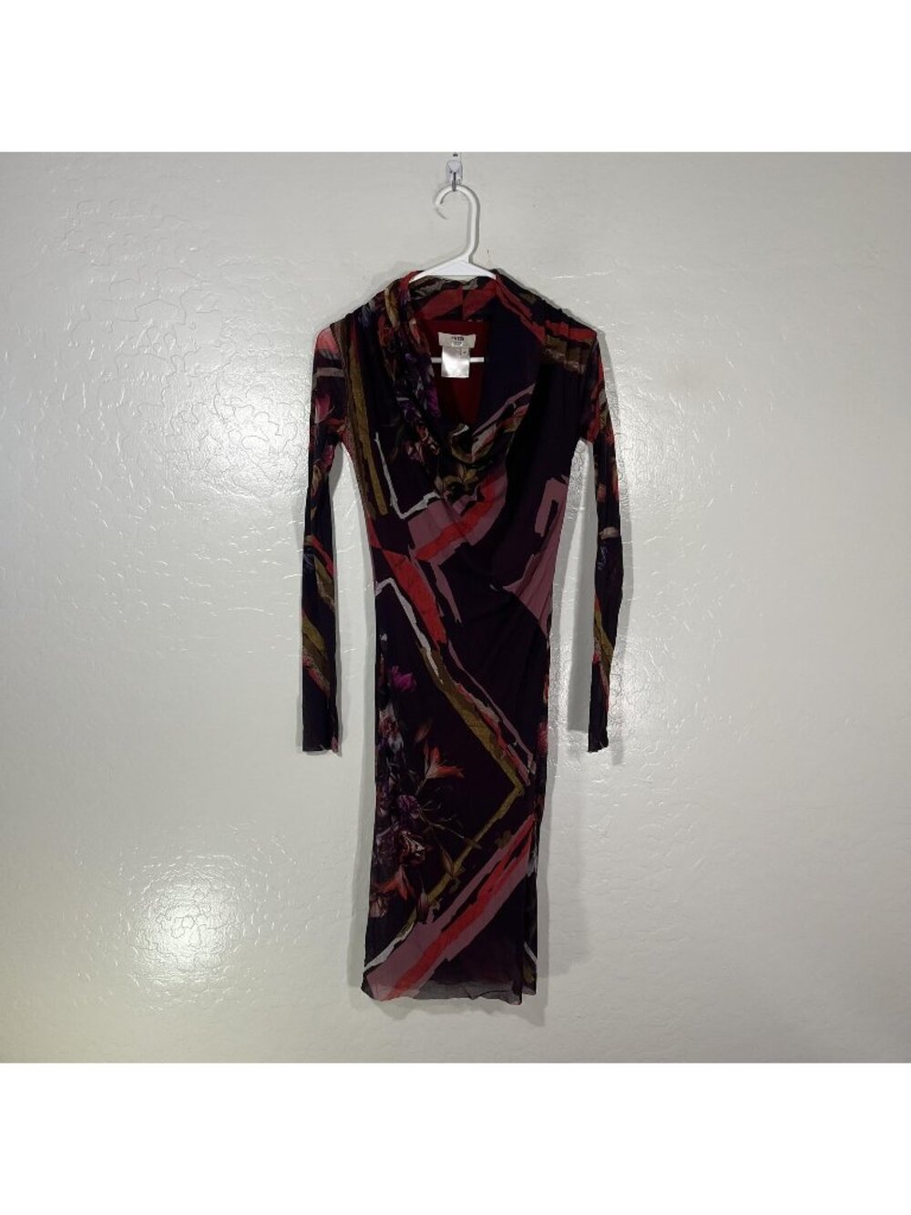 Fuzzi Dress Womens Medium Purple Floral Mesh Bodycon Cowl Neck Long Sleeve Party